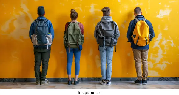 Four Teenagers Standing Against A Yellow Wall With Backpacks