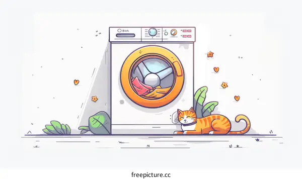 A cute cat is lying beside a washing machine