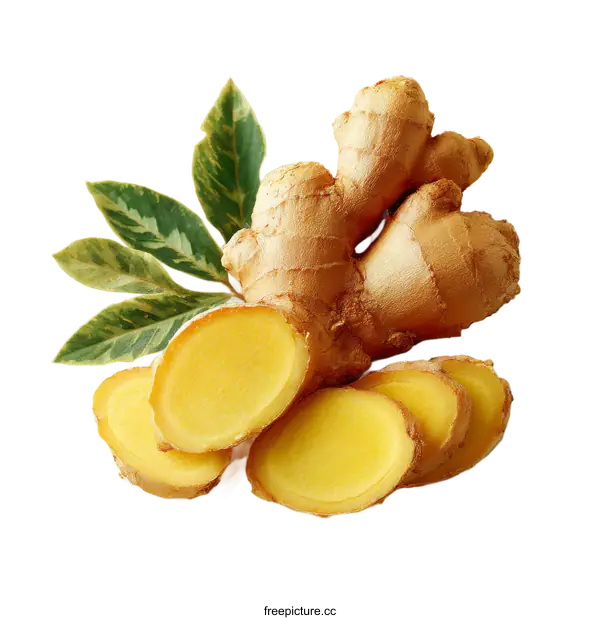 [Transparent Background PNG]Fresh Ginger Root and Slices on White Background