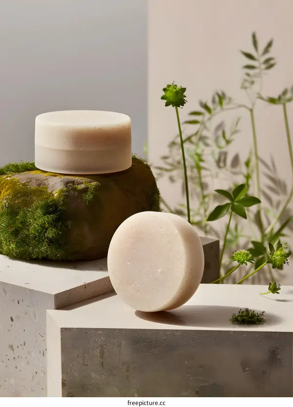 Natural Handmade Soap Bar With Mossy Stone and Greenery