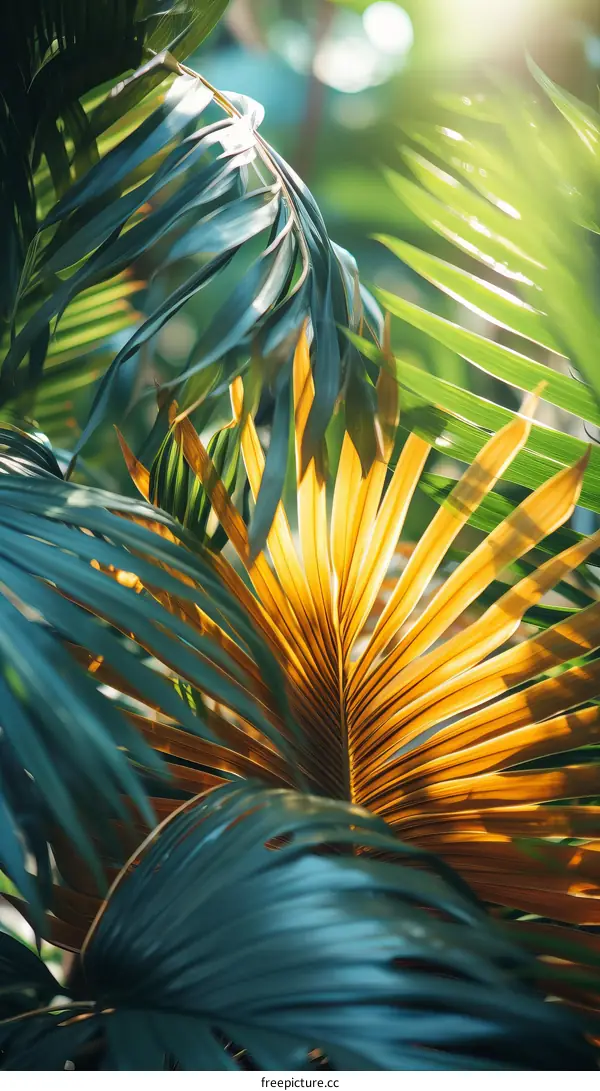 Close-up of a lush green palm leaf with a golden hue in the sunlight