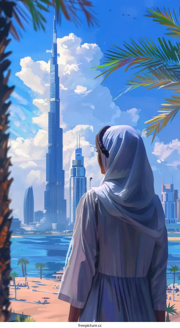 A woman in a headscarf stands in front of the Burj Khalifa in Dubai
