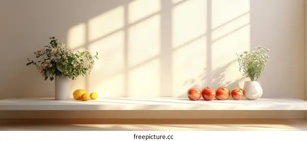 Still Life Arrangement with Flowers and Fruits on a White Shelf