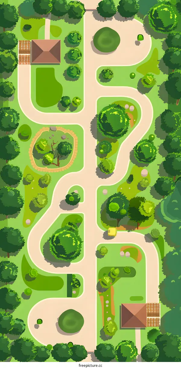 Aerial View of a Green Park with Winding Path and Trees