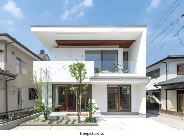 Modern White House with Balcony and Garden