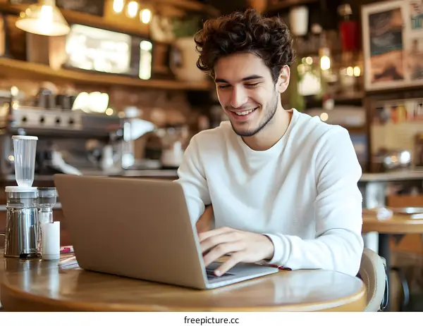 Smiling Man Working on Laptop in Cafe
