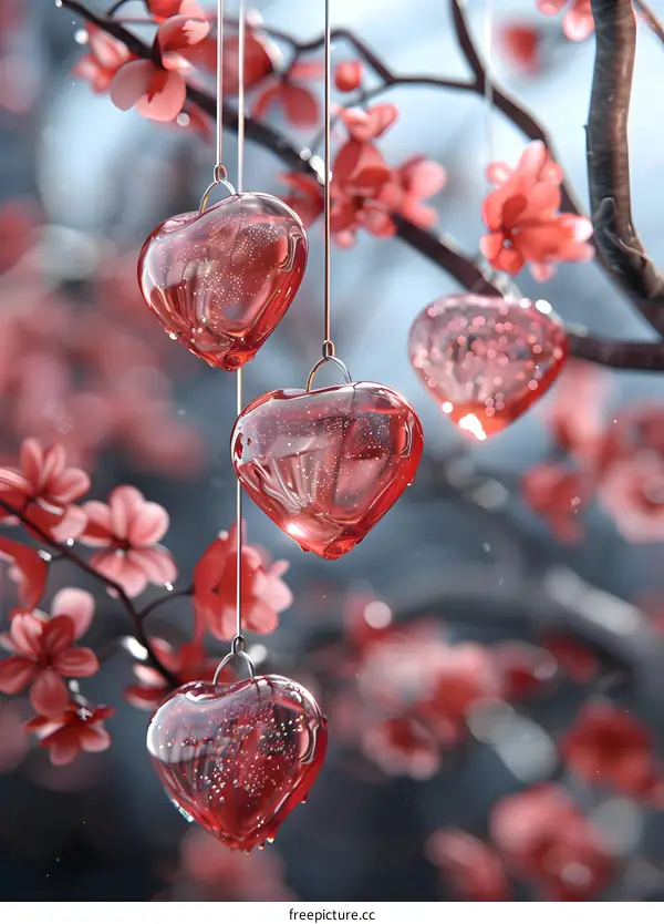 Glass hearts hanging from a cherry blossom tree