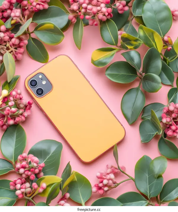 Yellow Smartphone Surrounded by Pink Flowers and Green Leaves