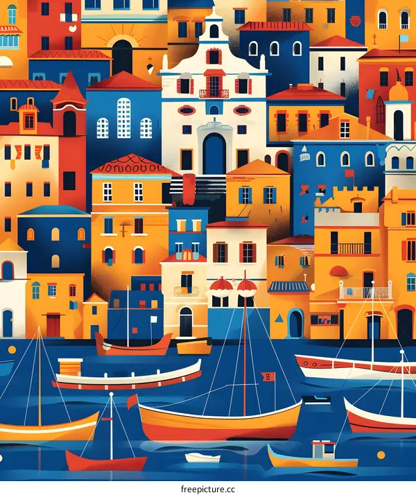 Colorful Illustration of a Mediterranean Village with Boats