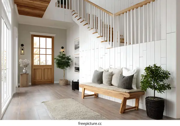 Modern Farmhouse Entryway with Wooden Bench