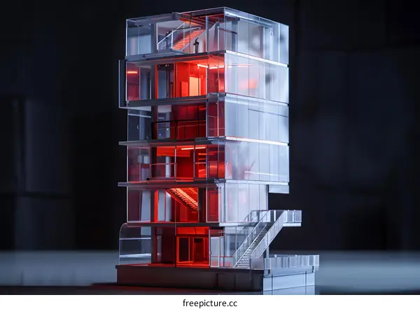 Transparent Model of a Glass Building With Red Lights