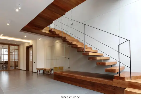 Modern Wooden Staircase in a Light-Filled Hallway