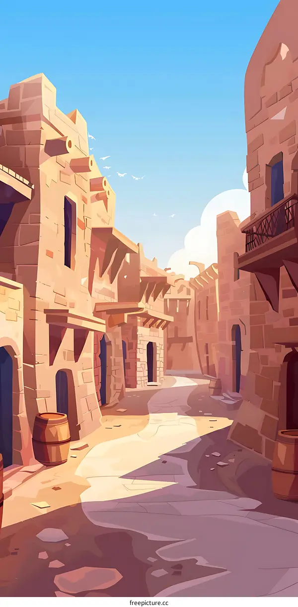 Cartoon Illustration Of An Ancient City Street With Stone Buildings