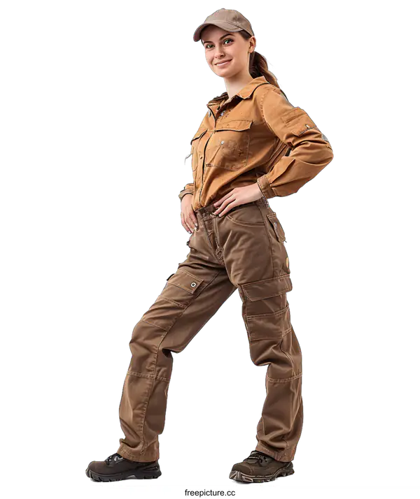 [Transparent Background PNG]portrait of a smiling young woman wearing a brown cap and brown workwear