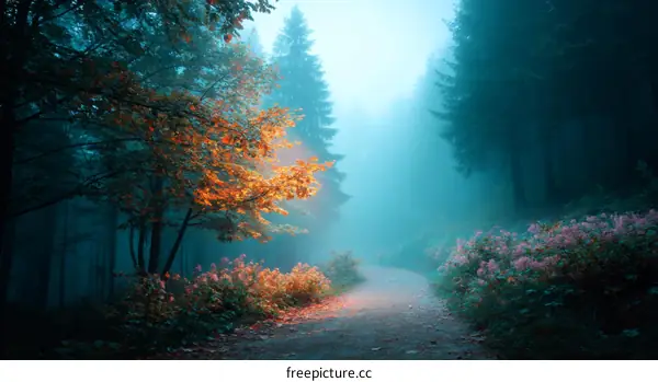 Misty Autumn Forest Path with Golden Leaves