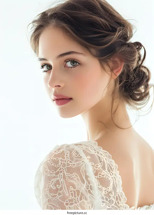 Portrait of a Beautiful Woman with Brown Hair in a White Lace Dress