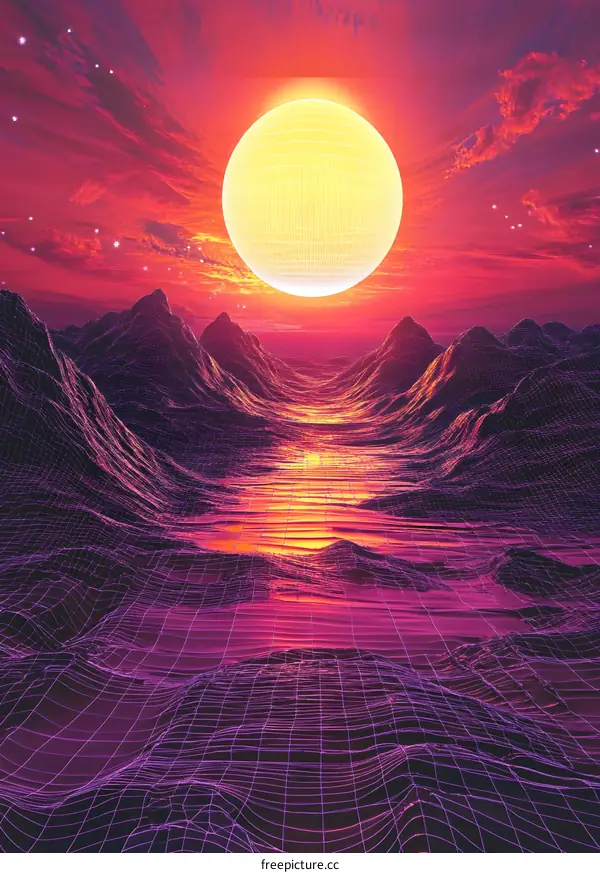 Sunset Landscape With Mountains And Grid