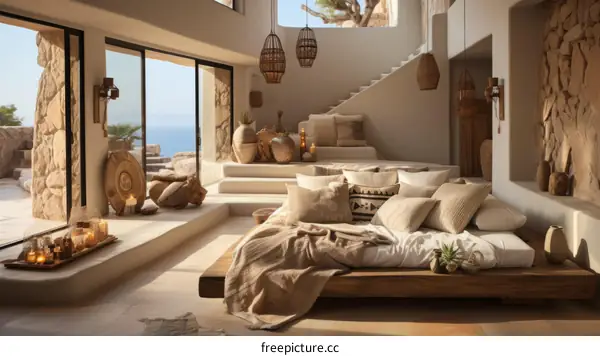 Modern bohemian bedroom with stunning ocean views