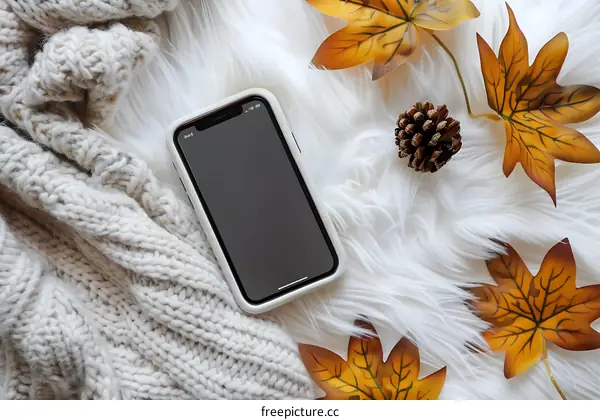 White Furry Background With Autumn Leaves and Smartphone