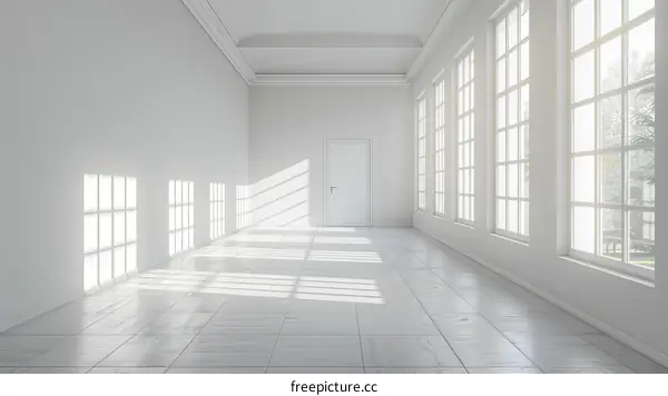 Bright empty room with large windows and a closed door