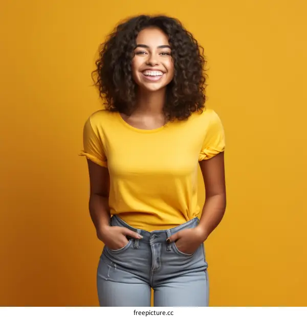 A young woman with curly hair smiles happily while standing against a yellow background