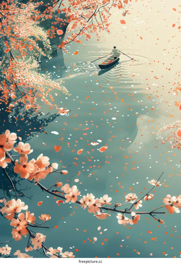 A Solitary Fisherman in a Cherry Blossom Forest