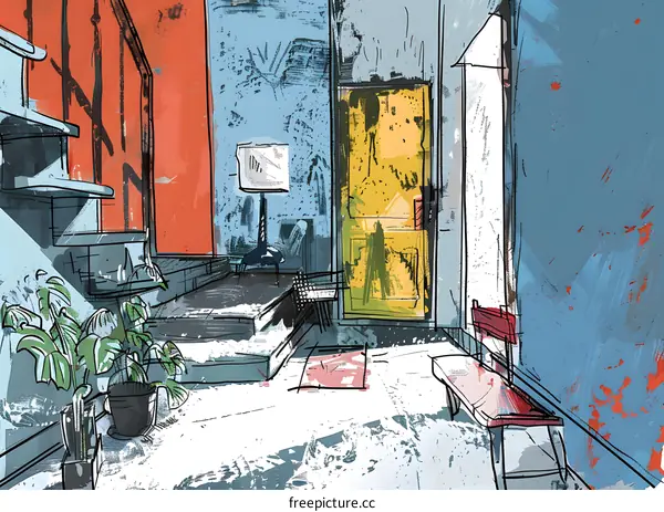 Abstract Hand Drawn Illustration Of A Modern Interior Design With Yellow Door