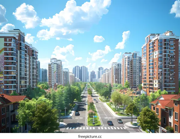 Urban Street with High-Rise Residential Buildings
