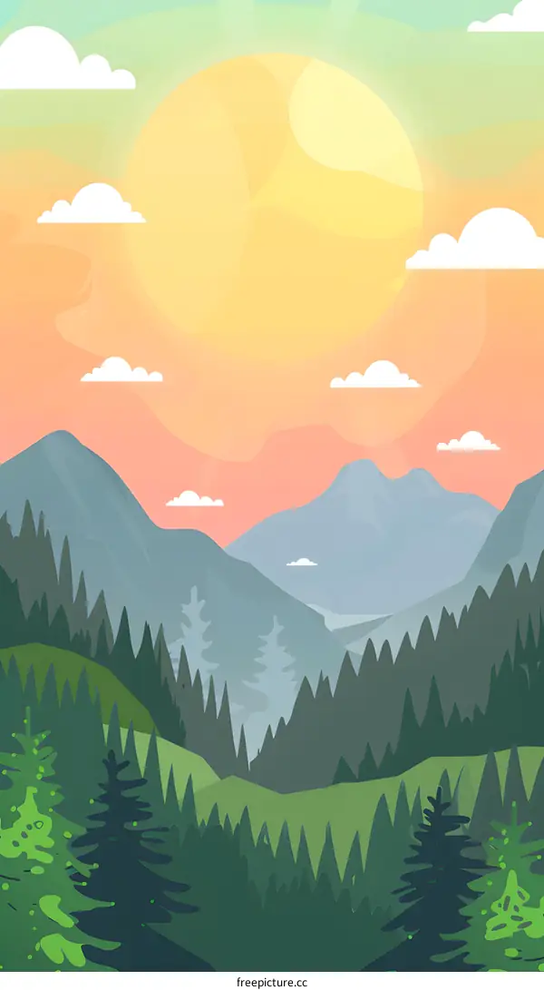 Sunrise Over the Mountains and Forest