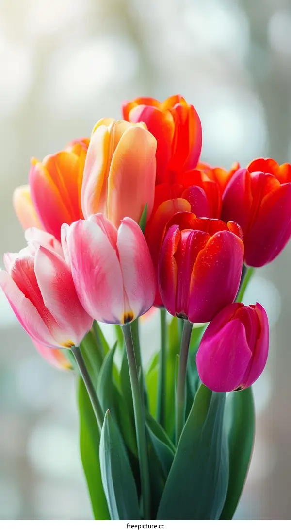 A bouquet of tulips in different colors