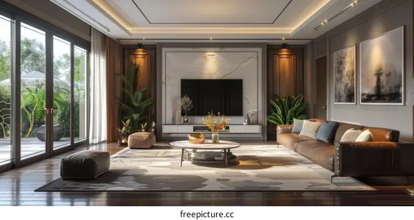 Modern Living Room Interior Design With Sofa And Large Windows