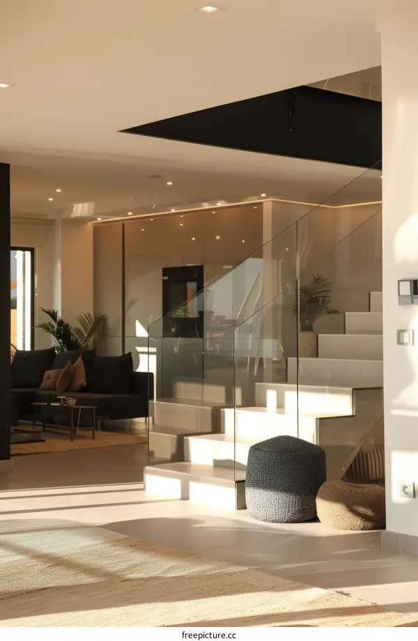 Modern Living Room with Staircase and Large Windows