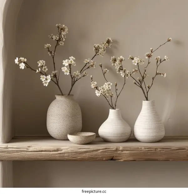 Three vases of white flowers on a wooden shelf
