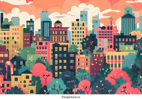 Cityscape Illustration with Buildings and Trees