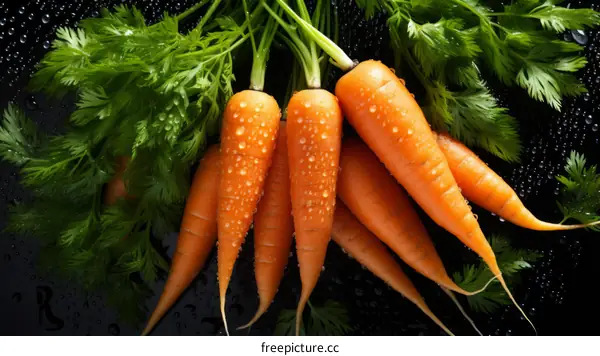 Fresh carrots with green leaves on a black background