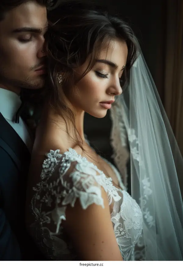 An intimate portrait of a bride and groom on their wedding day