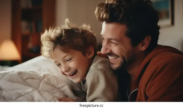 Happy father and son playing together on bed