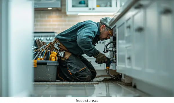 A plumber fixing a sink in a kitchen