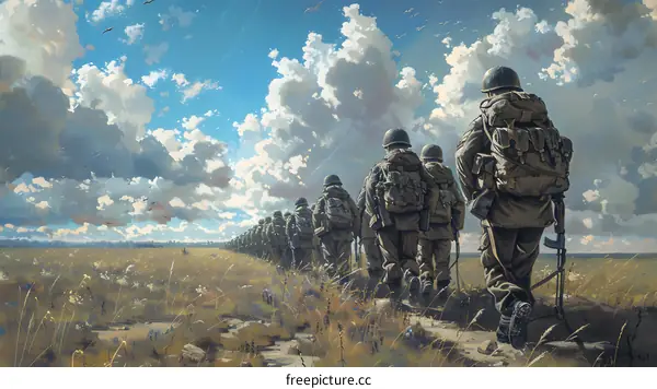 A line of soldiers marches through a grassy field.