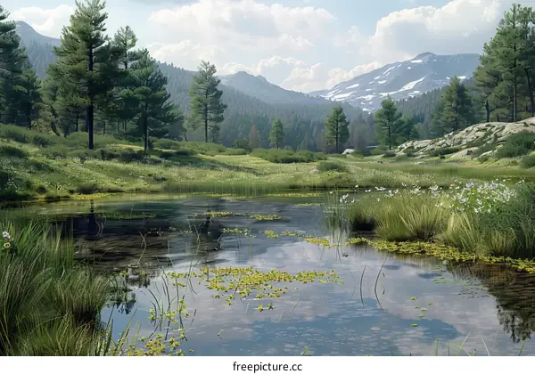 Tranquil mountain lake in a valley with lush vegetation on the shore and snow-capped mountains in the distance