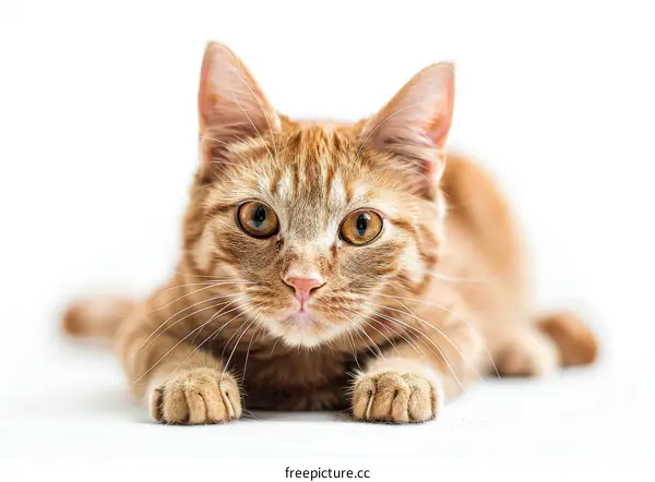 A ginger cat is lying on a white surface