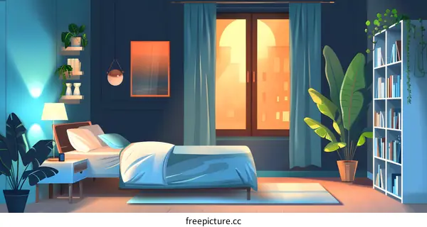 Blue Bedroom with Window and Bookshelf