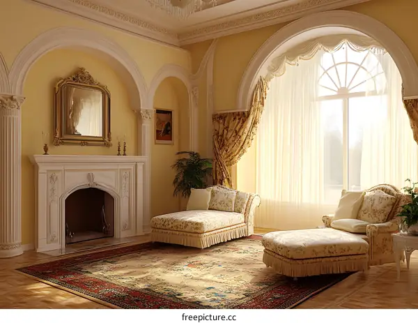 Elegant Living Room with Fireplace and Arched Windows