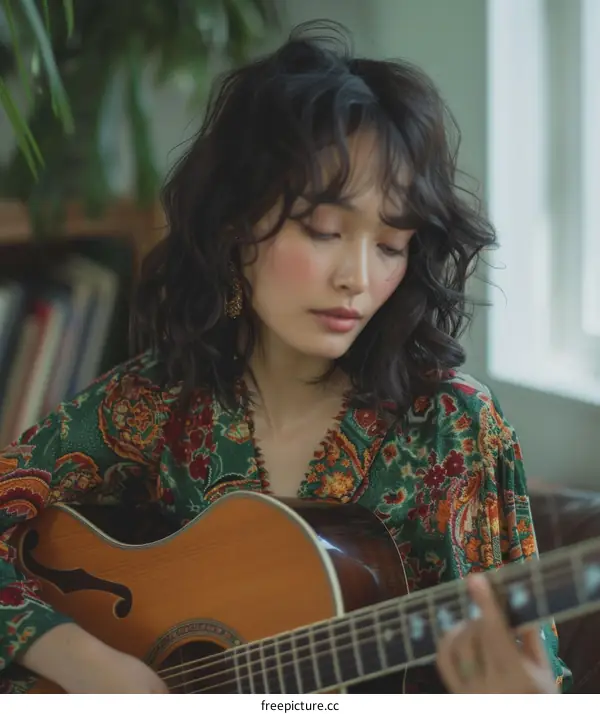 A young woman with short hair playing the guitar