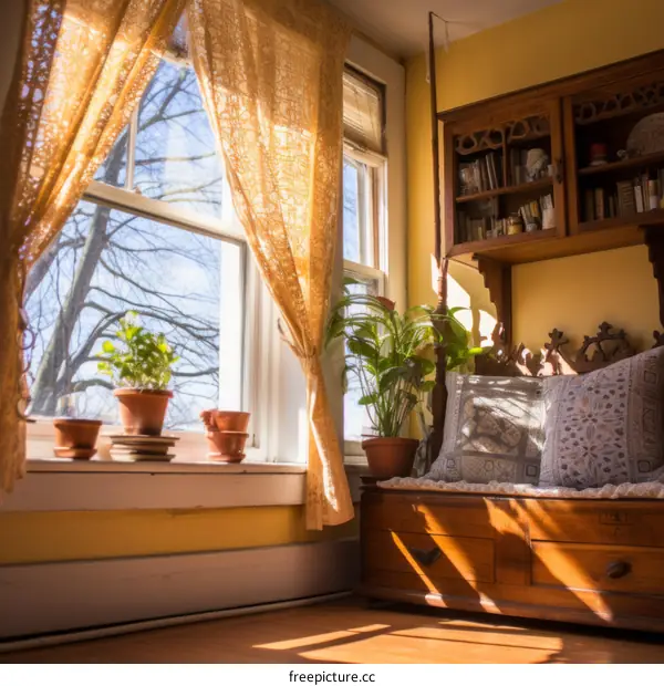 Vintage Wooden Bookcase with Plants by the Window