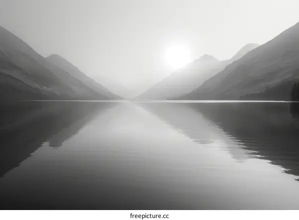 Serene Black and White Photo of Mountains and Lake