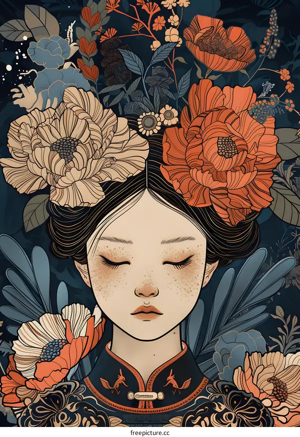 Floral Illustration of Woman with Closed Eyes