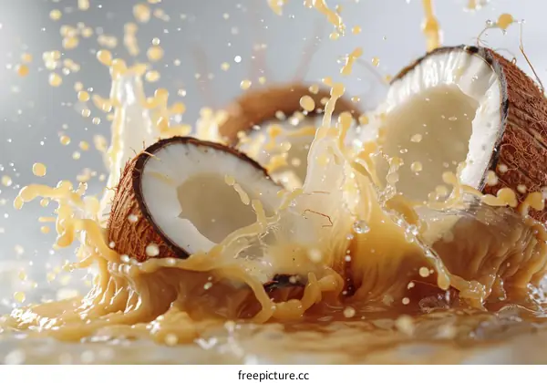 Coconut halves and milk splash