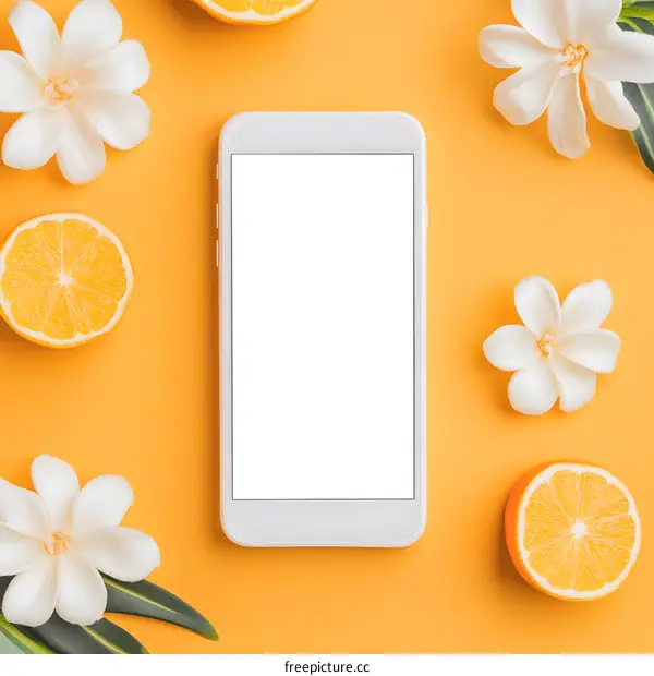 Flat Lay with Smartphone, Oranges and Flowers