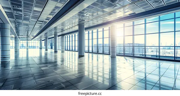 Modern Empty Office Building Interior with Large Windows